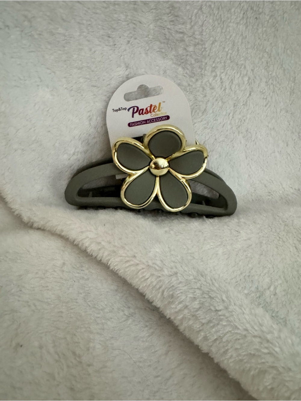 Pastels Olive Gray Flower Clip with Gold Trim - Women Accessories